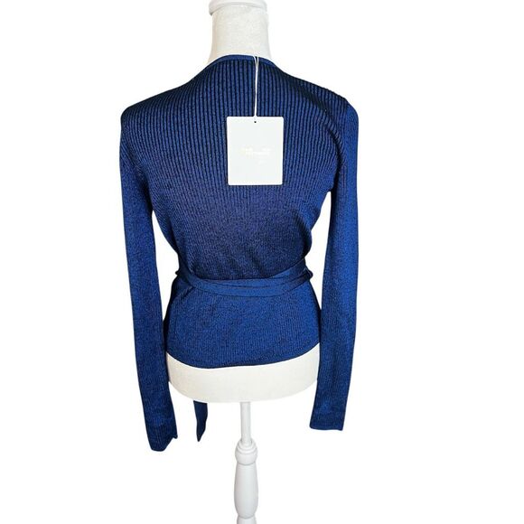 Diane Von Furstenberg DVF Blue Merino Wool Wrap Sweater Knit Top Tie Waist Small - Picture 4 of 6